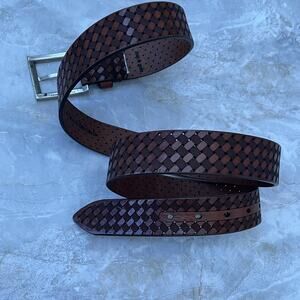Allen Edmonds Woven Pattern Leather Belt Mens 44 Brown Silver Tone Buckle Italy
